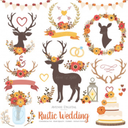Fall Rustic Wedding Clipart - Autumn Deer and Flower Wreaths Graphics