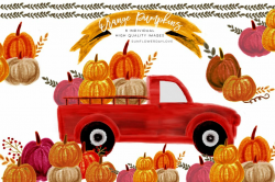 Pumpkin Truck Watercolor Fall clipart, thanksgiving autumn