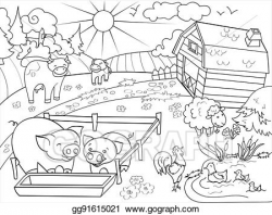 Vector Clipart - Farm animals and rural landscape coloring vector ...