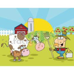 Country Farm Scene With Cow And Cowman clipart. Royalty-free clipart #  379301