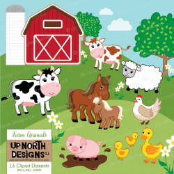 Farm Animals Clipart Cow Horse Duck Sheep Pig Illustrations Farmyard ...