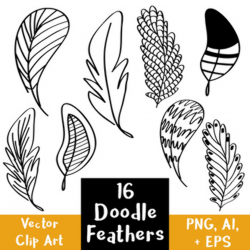 16 Doodle Feathers Hand Drawn Clipart | Tribal, Indian, Nature | PNG +  Vector