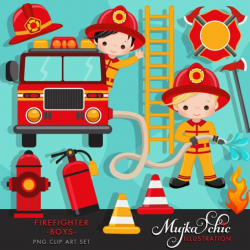 Firefighter Boys Clipart. Cute fireman, fire truck, hose ...