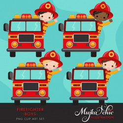 Firefighter Boys Clipart. Cute fireman, fire truck, hose ...