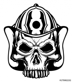 Monochrome illustration of skull at firefighter\'s helmet ...