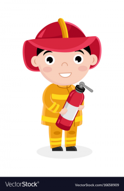 Boy in fireman uniform with fire extinguisher