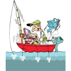 cartoon man fishing in a small boat with laptop clipart. Royalty-free  clipart # 387865