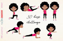Afro girl fitness workout. cute girl 30 days challenge clipart, clip art  illustration workout set for planner stickers, scraps or digital planning.