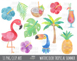50% sale WATERCOLOR TROPICAL SUMMER clipart, flamingo clipart, tropical  flowers