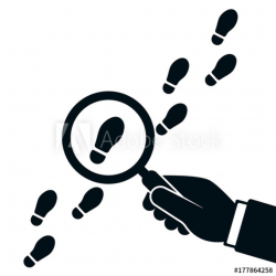 Following footsteps vector illustration. Hand holding magnifying ...