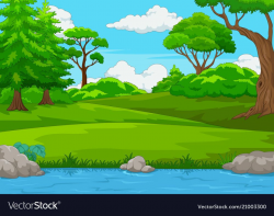 Forest scene with many trees and river Royalty Free Vector ...