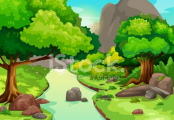 illustration of forest with a river background vector ...