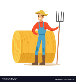 Man With Fork Standing Next To Hay Stack Farmer