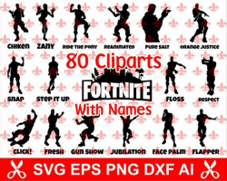 Fortnite svg, 80 Cliparts, game emotes with names ...