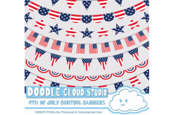 4th of July bunting banners clipart, patriotic flags, stars & stripes  banners, transparent Background, Instant Download, Commercial Use.