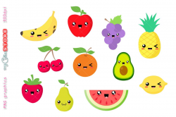 Collection of kawaii fruits clipart. Watermelon, pinneapple.