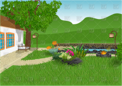 Modern home and garden with flowers small pond vector image ...