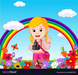 Cute girl in a flower garden with rainbow