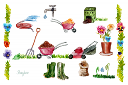 Garden Tools Watercolor Hand Painted Clipart, Spring Garden