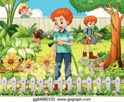 Vector Stock - Father and son watering the plants in the ...