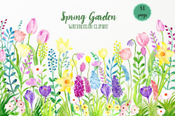 Spring Clip Art, Watercolour Clipart Spring Garden, spring flower meadow,  flower border for instant download