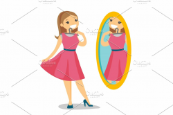 Woman looking in the mirror in the dressing room.