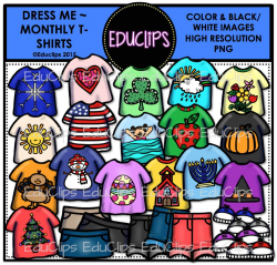 Dress Me - Monthly Shirts Clip Art Bundle (Color and B&W)