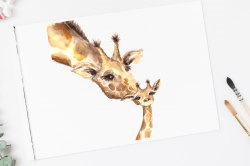 Mother and Baby - Giraffes - Watercolor Clipart and Print