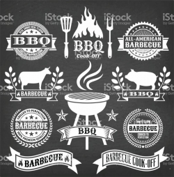 Barbecue Badges and Banners on Black Chalkboard. This ...