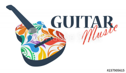 Musical logo. Silhouette of a guitar made from floral ...