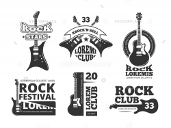 Vintage heavy rock, jazz band, guitar shop, music vector logos and labels  set with acoustic guitars. Emblems for rock band or rock festival with ...