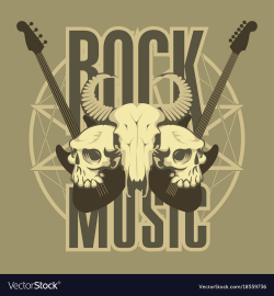 Music emblem with skulls guitars and pentagram