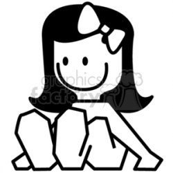 Black and White Little Girl Sitting Down with a Bow in Her Hair clipart.  Royalty-free clipart # 373058