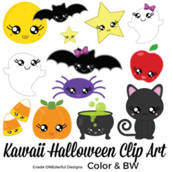 Kawaii Halloween Clipart, 24 images, Color plus BW, CU Okay | TpT