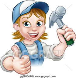 Vector Stock - Cartoon woman carpenter holding hammer ...