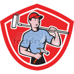 handyman holding hammer and paint roller logo clipart. Royalty-free clipart  # 391453