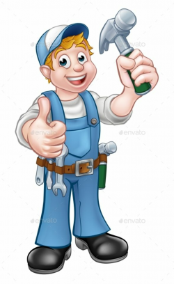 A carpenter handyman cartoon character holding a hammer and ...