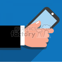 hand holding a cell phone flat design vector art blue background clipart.  Royalty-free clipart # 400624