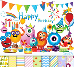 90 Happy birthday cliparts 9 Digital papers,Monster birthday ...