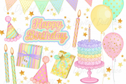 Happy Birthday Clipart and Digital Papers / Pastel Rainbow Party ...