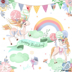 Beautiful unicorns set, collection of Happy Birthday clipart. Cute ...