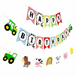 Farm Birthday Banner, Tractor Happy Birthday Sign with Animal Garland,  Rustic Bday Party Decorations