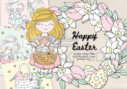 HAPPY EASTER Seamless Pattern Wreath Clip Art Greeting Card Vector  Illustration Set