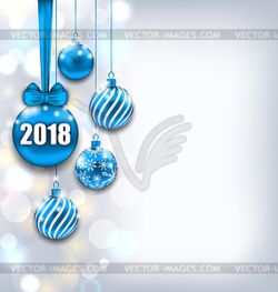 Happy New Year 2018 with Blue Glass Balls, Glitter - vector clipart