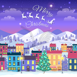 Merry Christmas and Happy New Year, Town in Winter - vector clipart