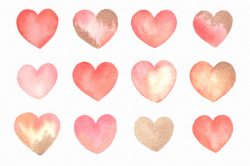 Watercolor Hearts Graphics Clipart including gold