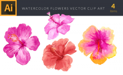 Watercolor Hibiscus Flowers Vector Clipart