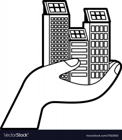 Green energy hand holding building solar panel