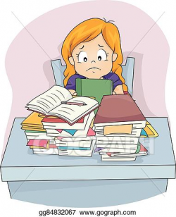 Vector Art - Kid girl sad piled homework stressed. EPS ...