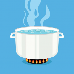 Boiling water in pan. White cooking pot on stove with hot ...